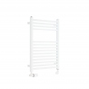 Dekoracyjny grzejnik łazienkowy Essence o wymiarach 70x50cm w kolorze białym z podłączeniem dolnym o rozstawie 470mm z białym zestawem termostatycznym Vario Term Vision w figurze osiowo-lewej.