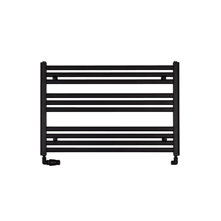 Grzejnik łazienkowy poziomy Intention o wymiarach 60x90cm w kolorze czarnym z zamontowanym zestawem zaworów termostatycznych Var