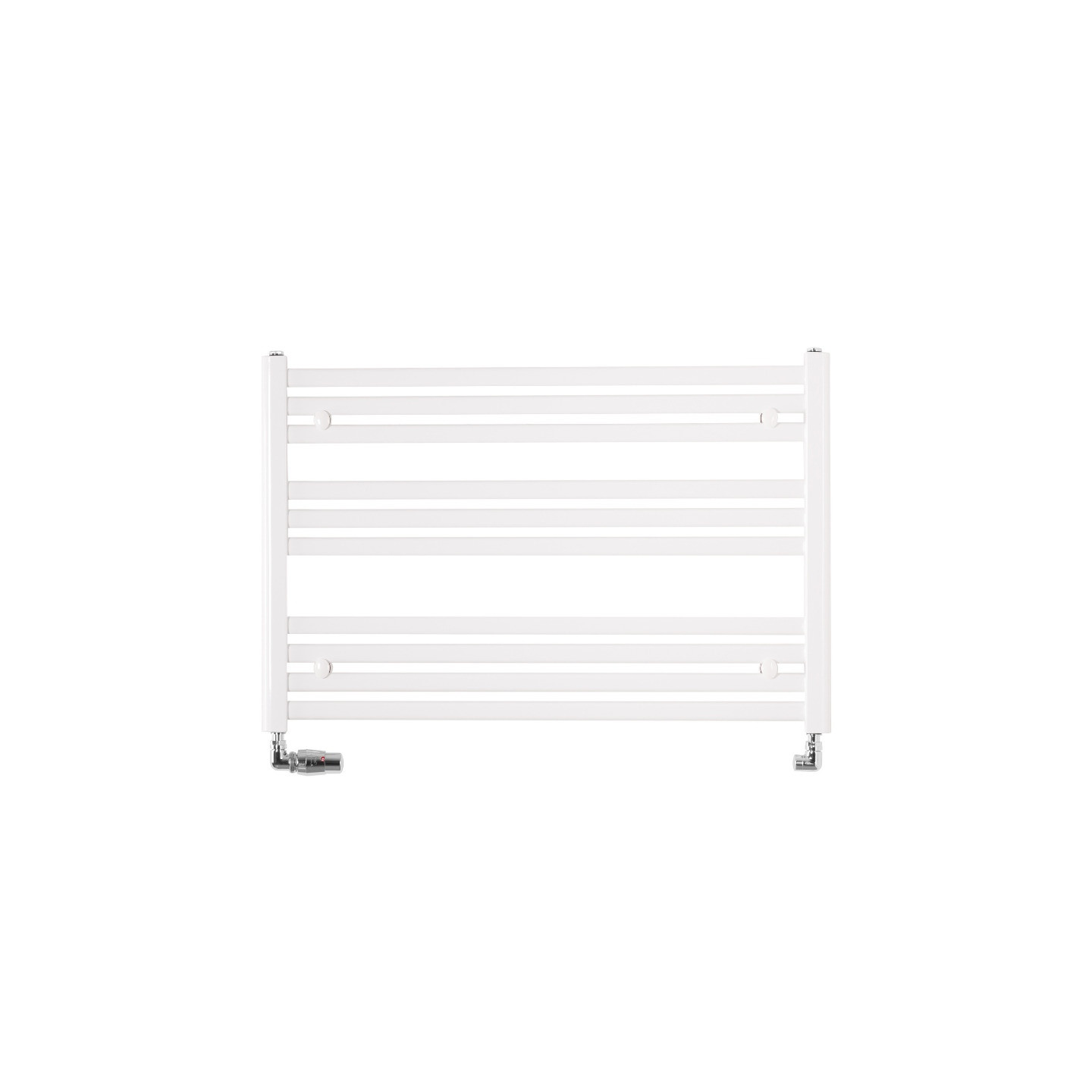 Grzejnik łazienkowy poziomy Intention o wymiarach 60x90cm w kolorze białym z zamontowanym zestawem zaworów termostatycznych Vari