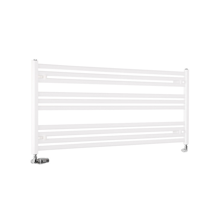 Grzejnik łazienkowy poziomy Intention o wymiarach 60x150cm w kolorze białym z zamontowanym zestawem zaworów termostatycznych Var