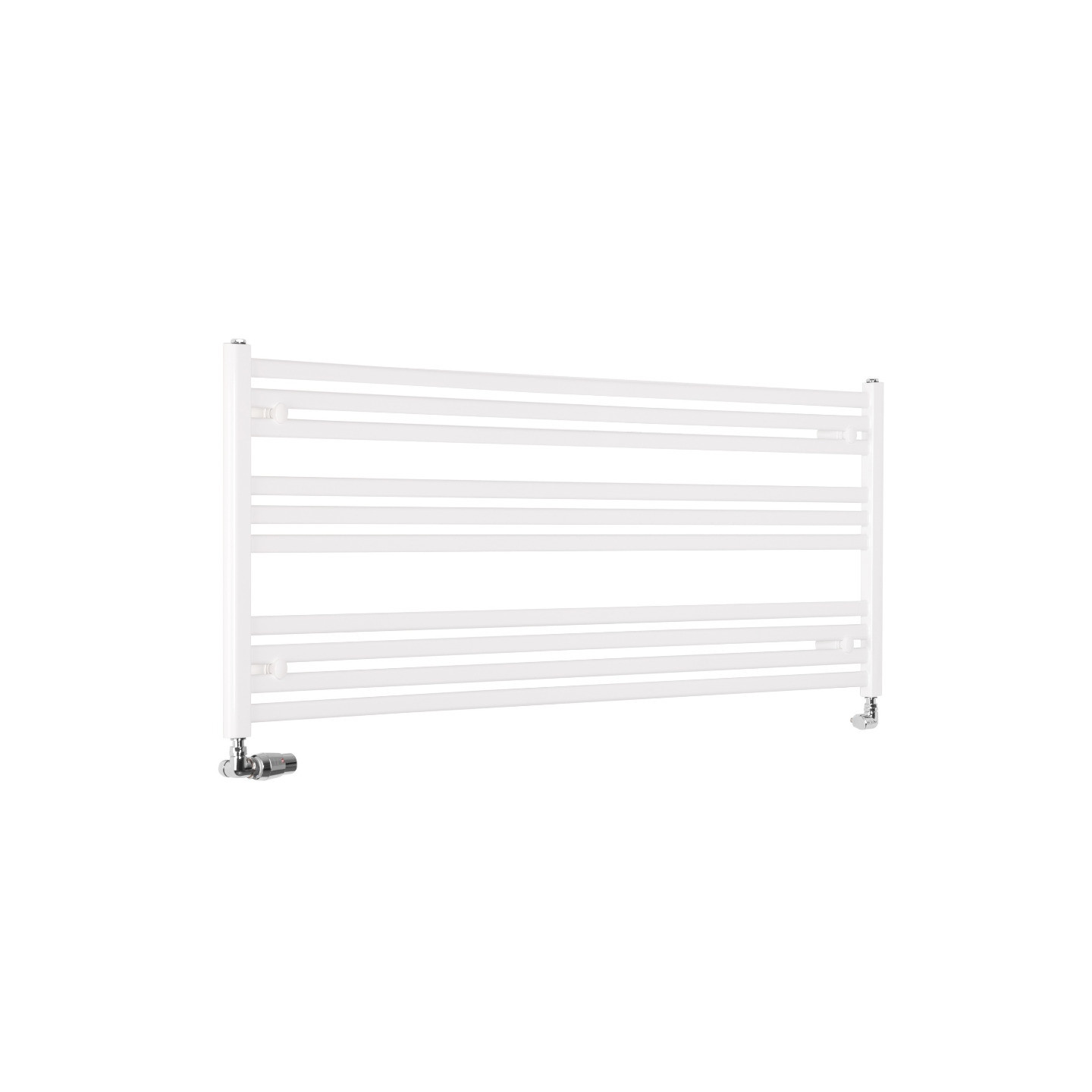 Grzejnik łazienkowy poziomy Intention o wymiarach 60x150cm w kolorze białym z zamontowanym zestawem zaworów termostatycznych Var