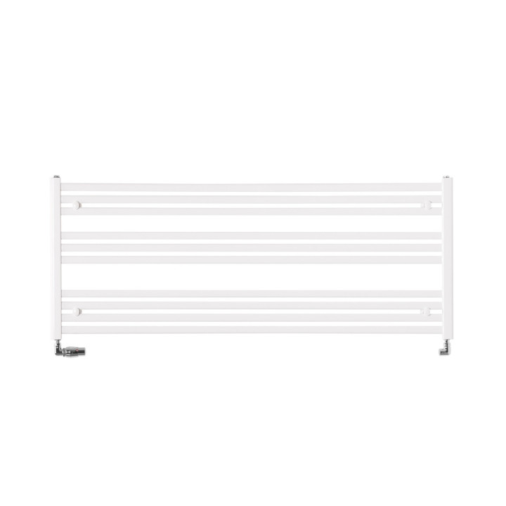 Grzejnik łazienkowy poziomy Intention o wymiarach 60x150cm w kolorze białym  z zamontowanym zestawem zaworów termostatycznych Va