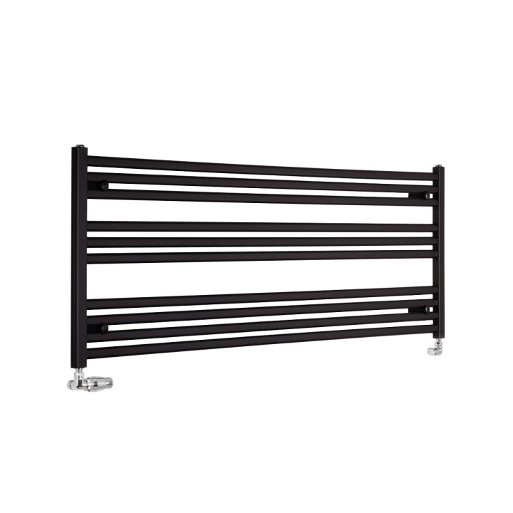 Grzejnik łazienkowy poziomy Intention w kolorze czarnym o wymiarach 60x150cm z zamontowanym zestawem zaworów termostatycznych Va