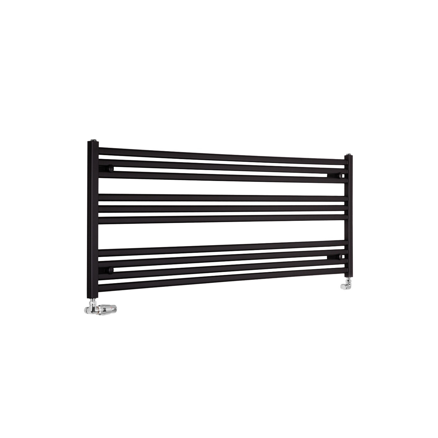 Grzejnik łazienkowy poziomy Intention w kolorze czarnym o wymiarach 60x150cm z zamontowanym zestawem zaworów termostatycznych Va