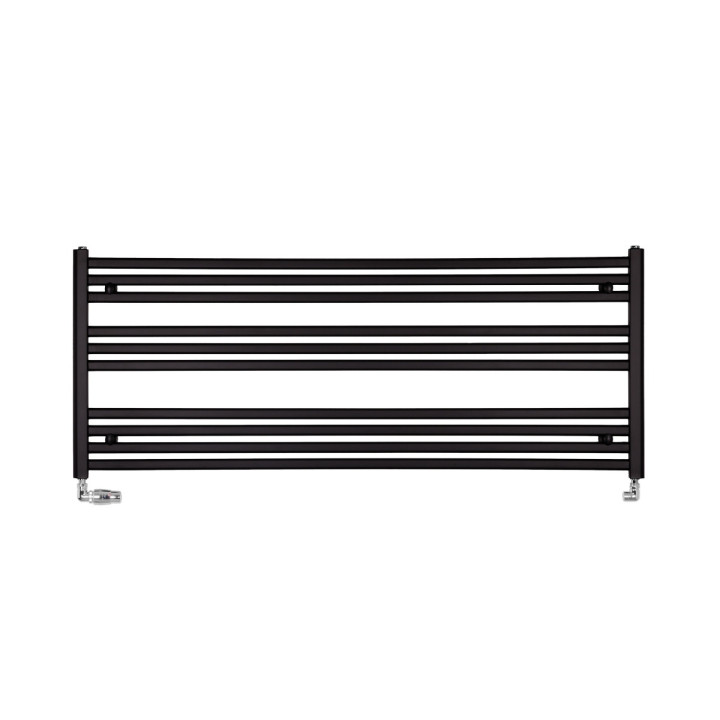 Grzejnik łazienkowy poziomy Intention w kolorze czarnym o wymiarach 60x150cm z zamontowanym zestawem zaworów termostatycznych Va