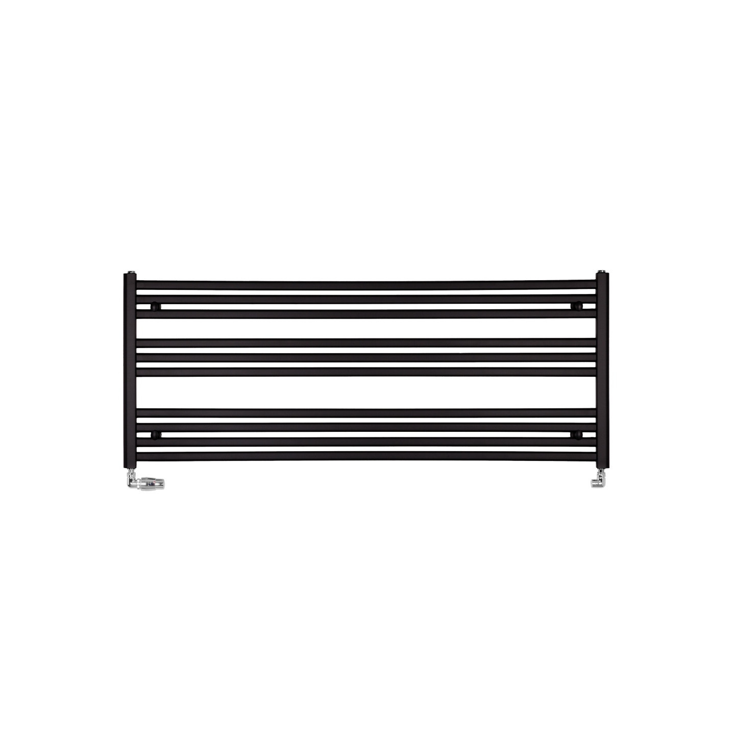 Grzejnik łazienkowy poziomy Intention w kolorze czarnym o wymiarach 60x150cm z zamontowanym zestawem zaworów termostatycznych Va