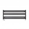 Grzejnik łazienkowy poziomy Intention w kolorze czarnym o wymiarach 60x150cm z zamontowanym zestawem zaworów termostatycznych Vario Term Vision chrom w figurze osiowej lewej. Grzejnik łazienkowy poziomy Intention w kolorze czarnym o wymiarach 60x150cm z zamontowanym zestawem zaworów termostatycznych Vario Term Vision chrom w figurze osiowej lewej.