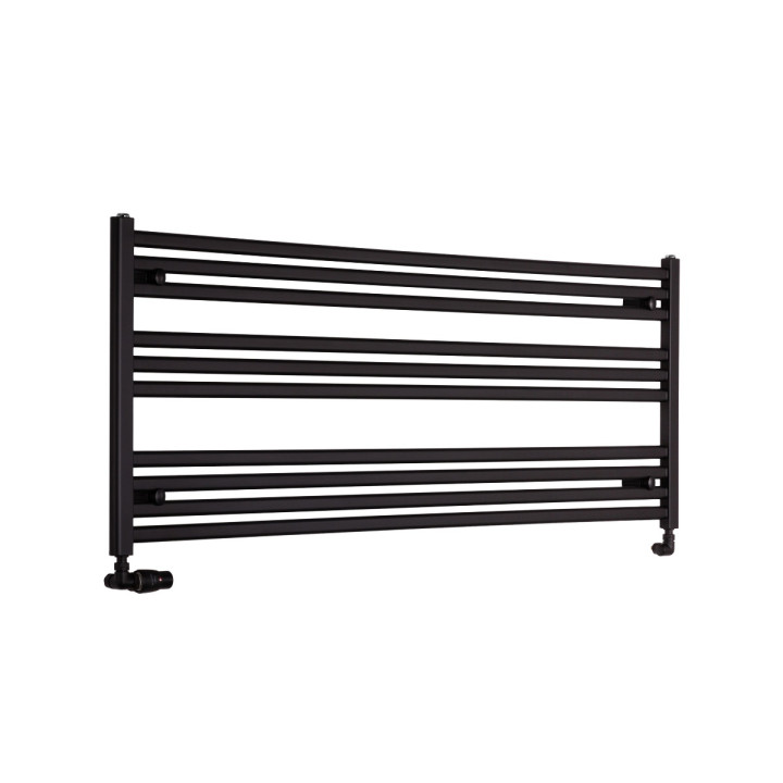 Grzejnik łazienkowy poziomy Intention w kolorze czarnym o wymiarach 60x150cm z zamontowanym zestawem zaworów termostatycznych Va