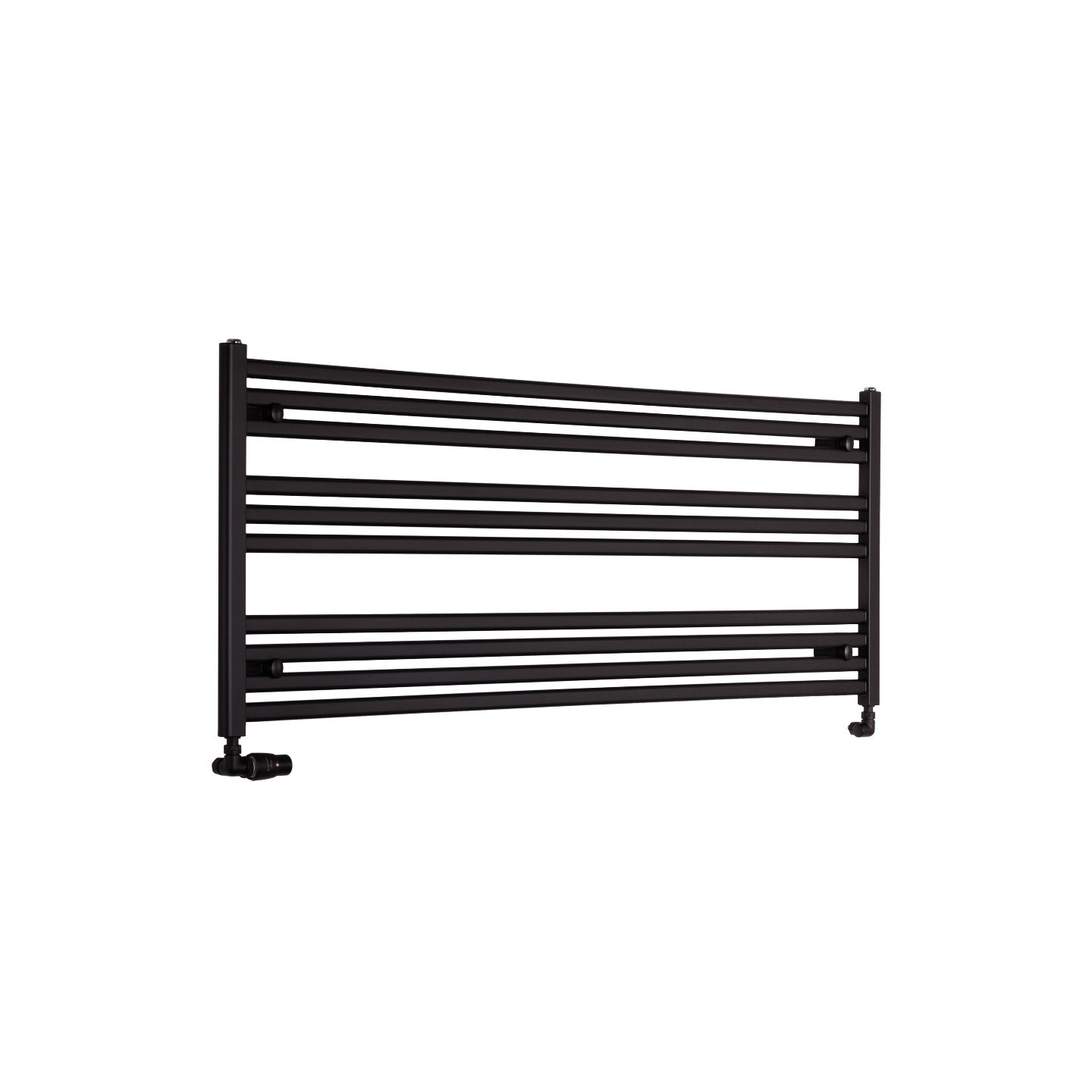Grzejnik łazienkowy poziomy Intention w kolorze czarnym o wymiarach 60x150cm z zamontowanym zestawem zaworów termostatycznych Va