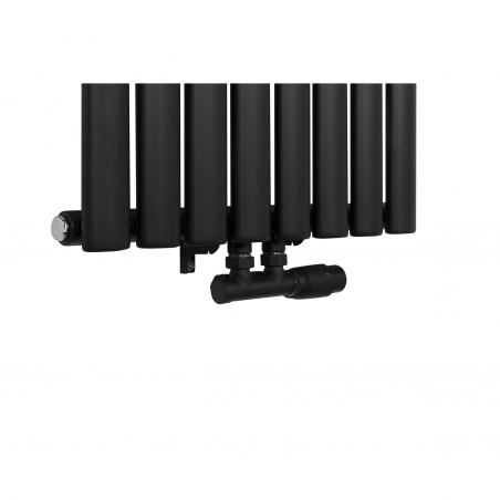 Zawór zespolony czarny Multiflow w figurze prawej zamontowany na grzejniku dekoracyjnym Ultimate 160x48cm czarnym