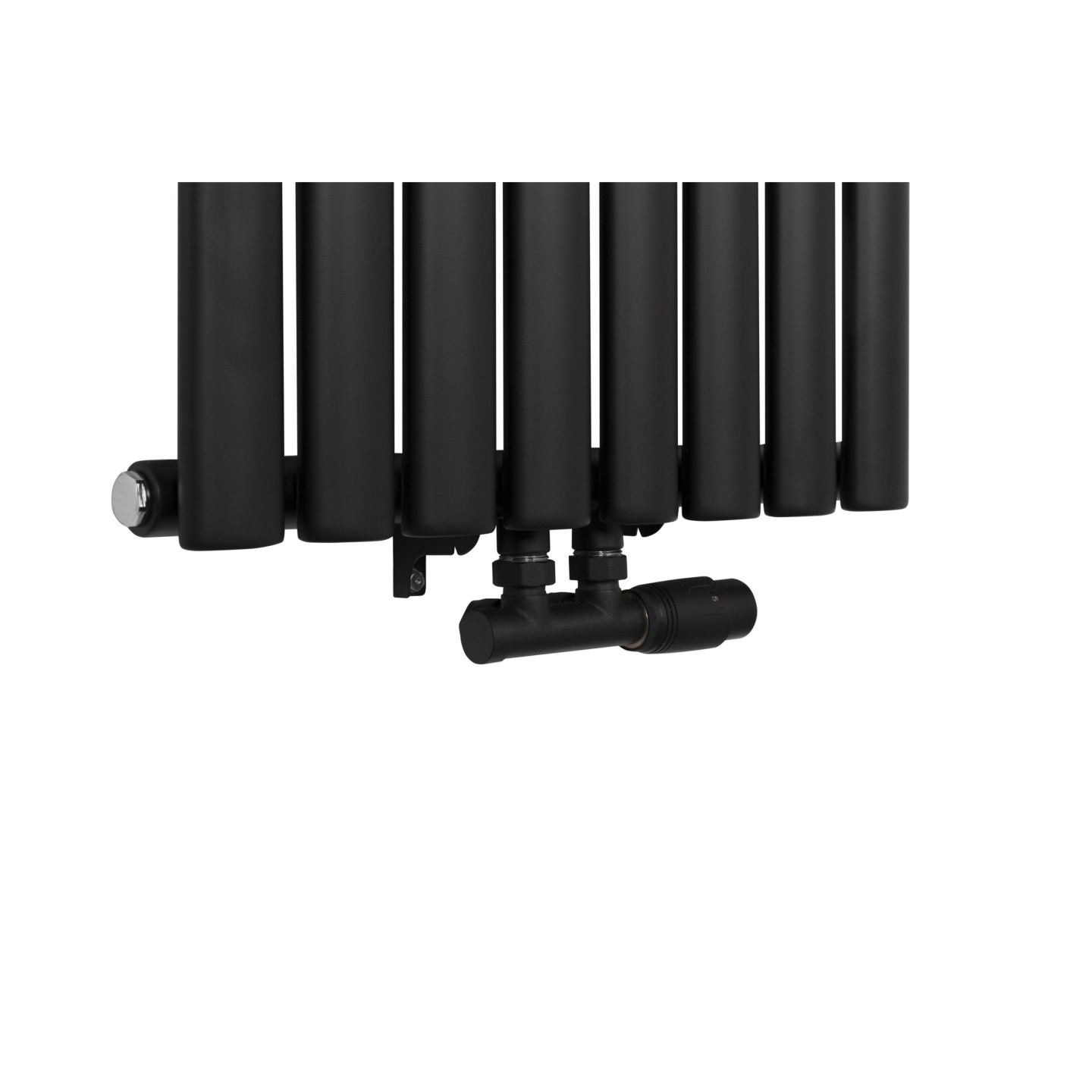 Zawór zespolony czarny Multiflow w figurze prawej zamontowany na grzejniku dekoracyjnym Ultimate 160x48cm czarnym