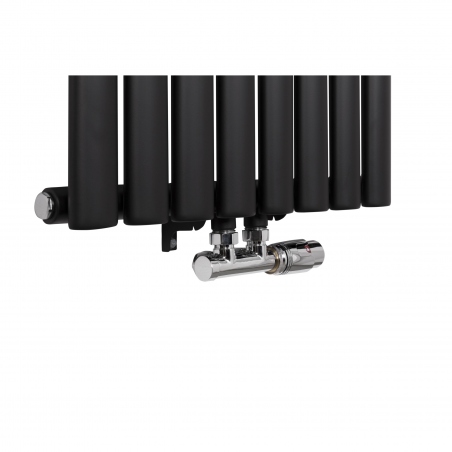 Zawór zespolony Multiflow chromowany w figurze prawej zamontowany na grzejniku dekoracyjnym Ultimate 160x36cm czarnym
