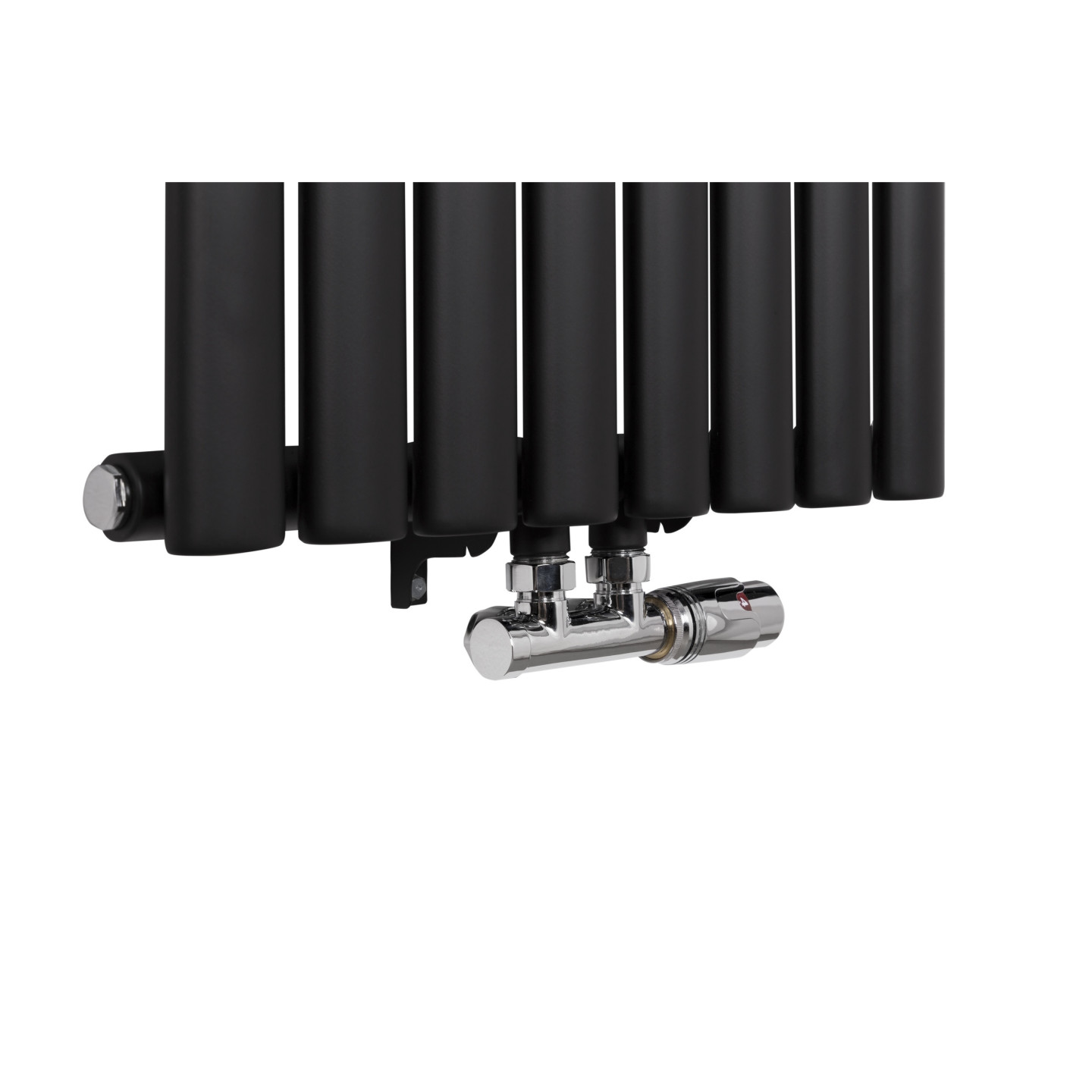 Zawór zespolony Multiflow chromowany w figurze prawej zamontowany na grzejniku dekoracyjnym Ultimate 160x36cm czarnym