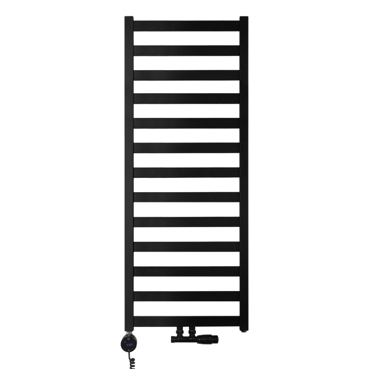 Grzejnik łazienkowy wodno-elektryczny Hati 1272x500 czarny 600W, zawór Multiflow