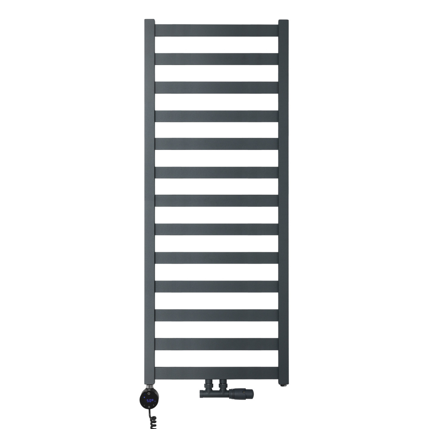 Grzejnik łazienkowy wodno-elektryczny Hati 1272x500 grafit 600W, zawór Multiflow
