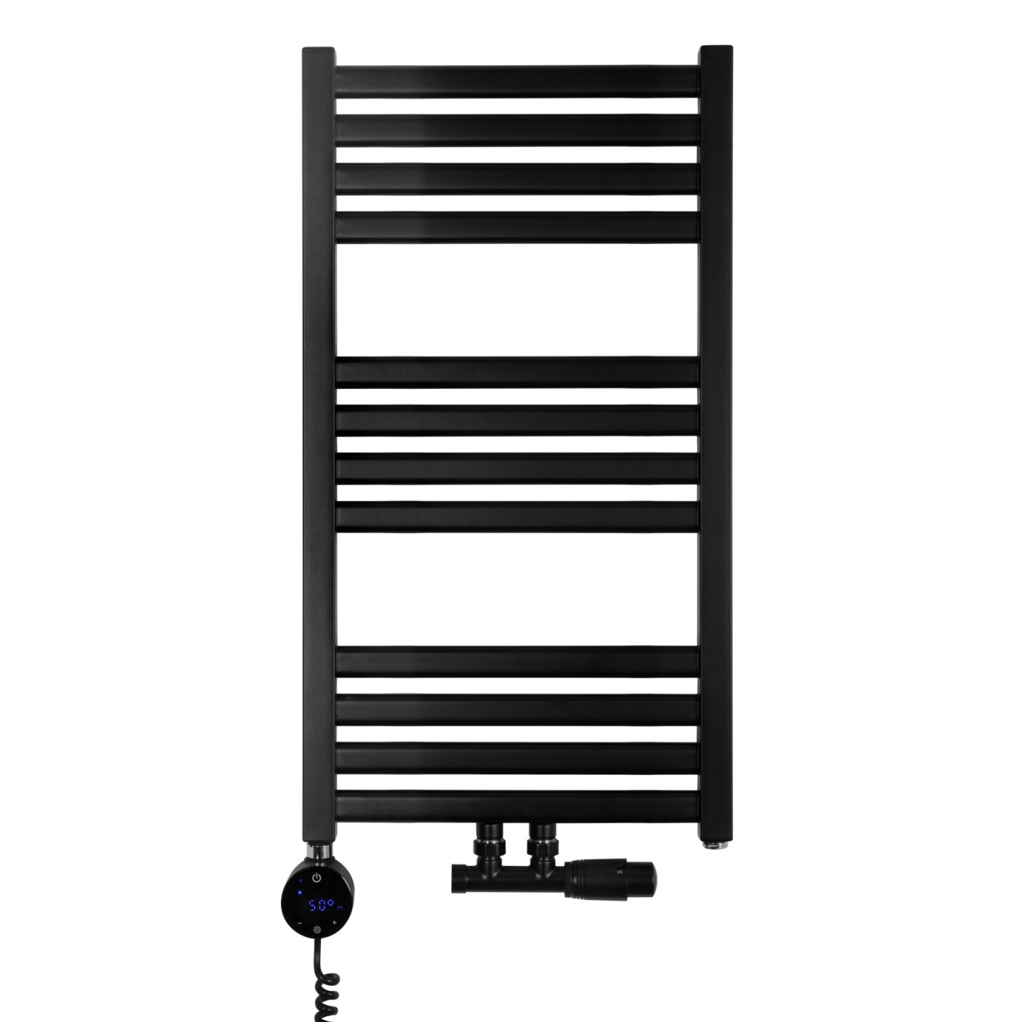 Grzejnik łazienkowy wodno-elektryczny Neso 735x400 czarny 300W, zawór Multiflow NEW