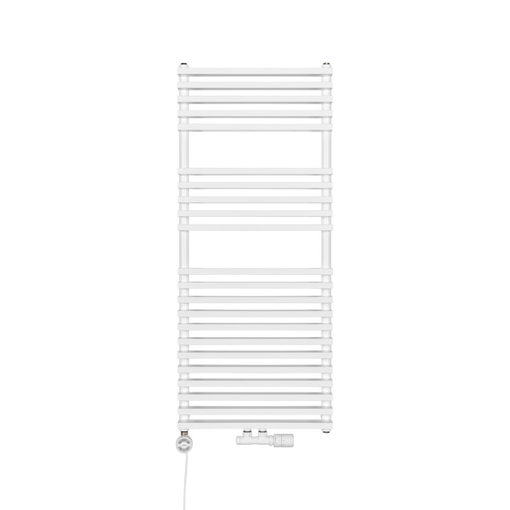 Grzejnik łazienkowy wodno-elektryczny Riva 1200x500 biały 800W, zawór Multiflow