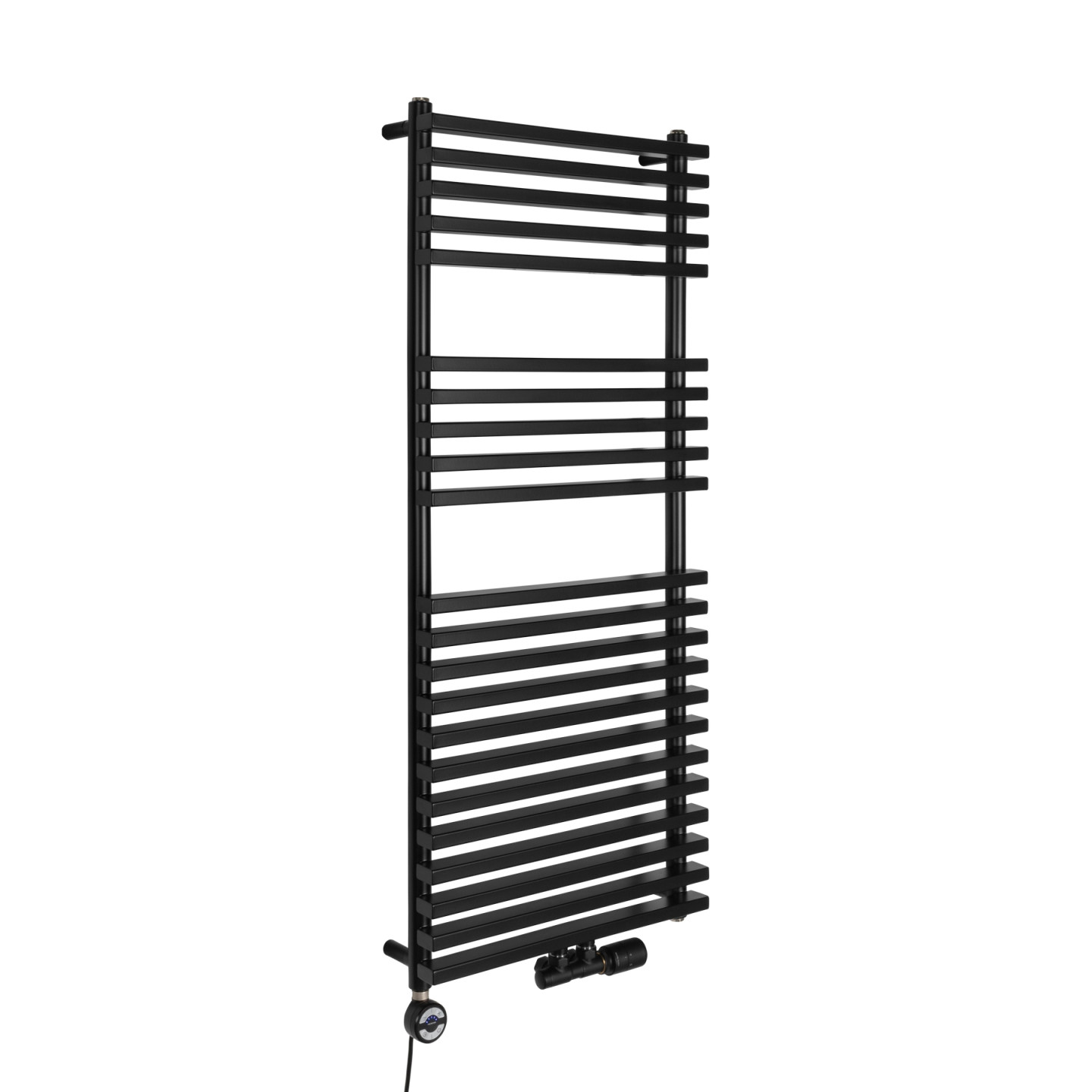 Grzejnik łazienkowy wodno-elektryczny Riva 1200x500 czarny 600W, zawór Multiflow