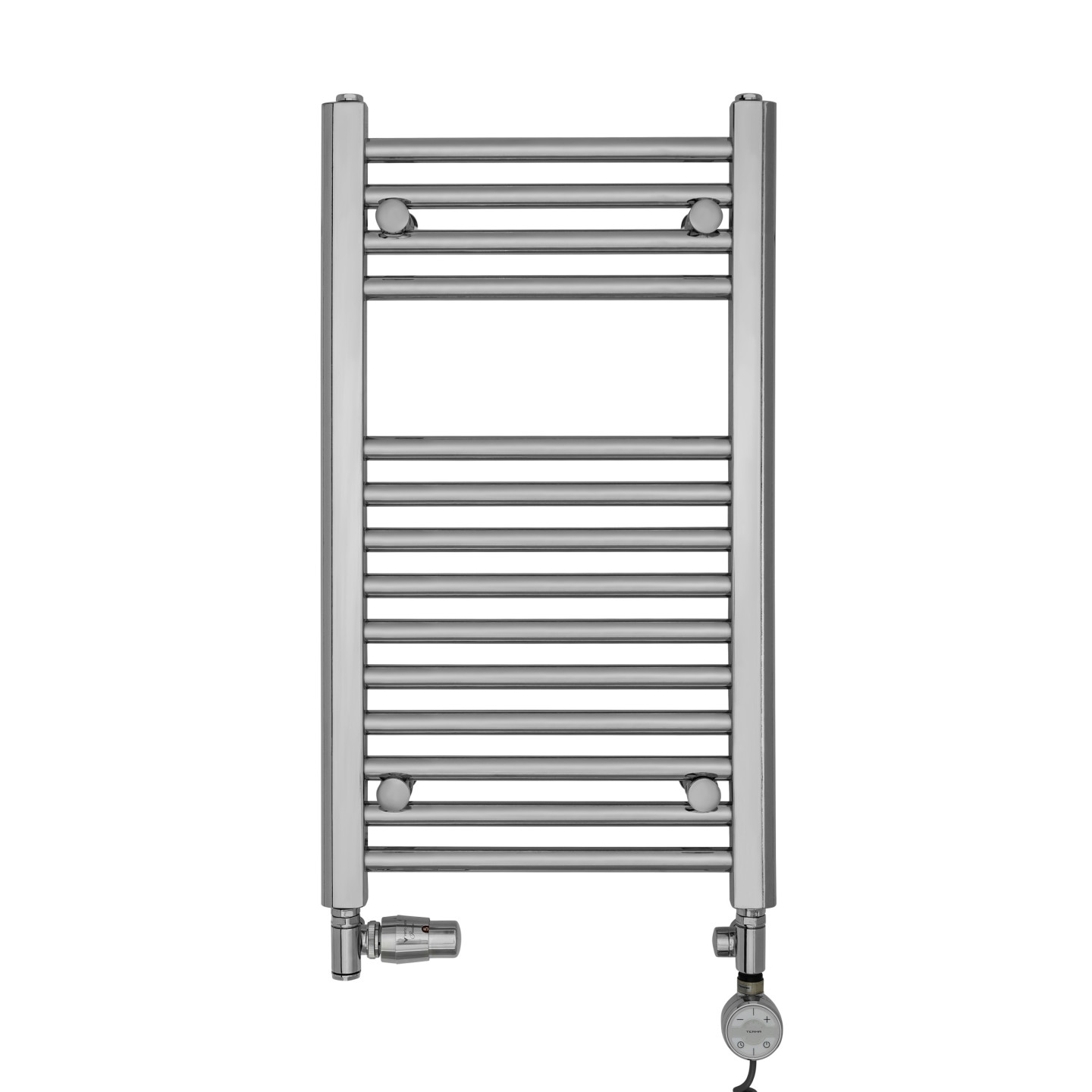 Grzejnik chromowany łazienkowy Constans o wymiarach 70x40cm z podłączeniem dolnym o rozstawie 350mm wraz z zestawem termostatycz