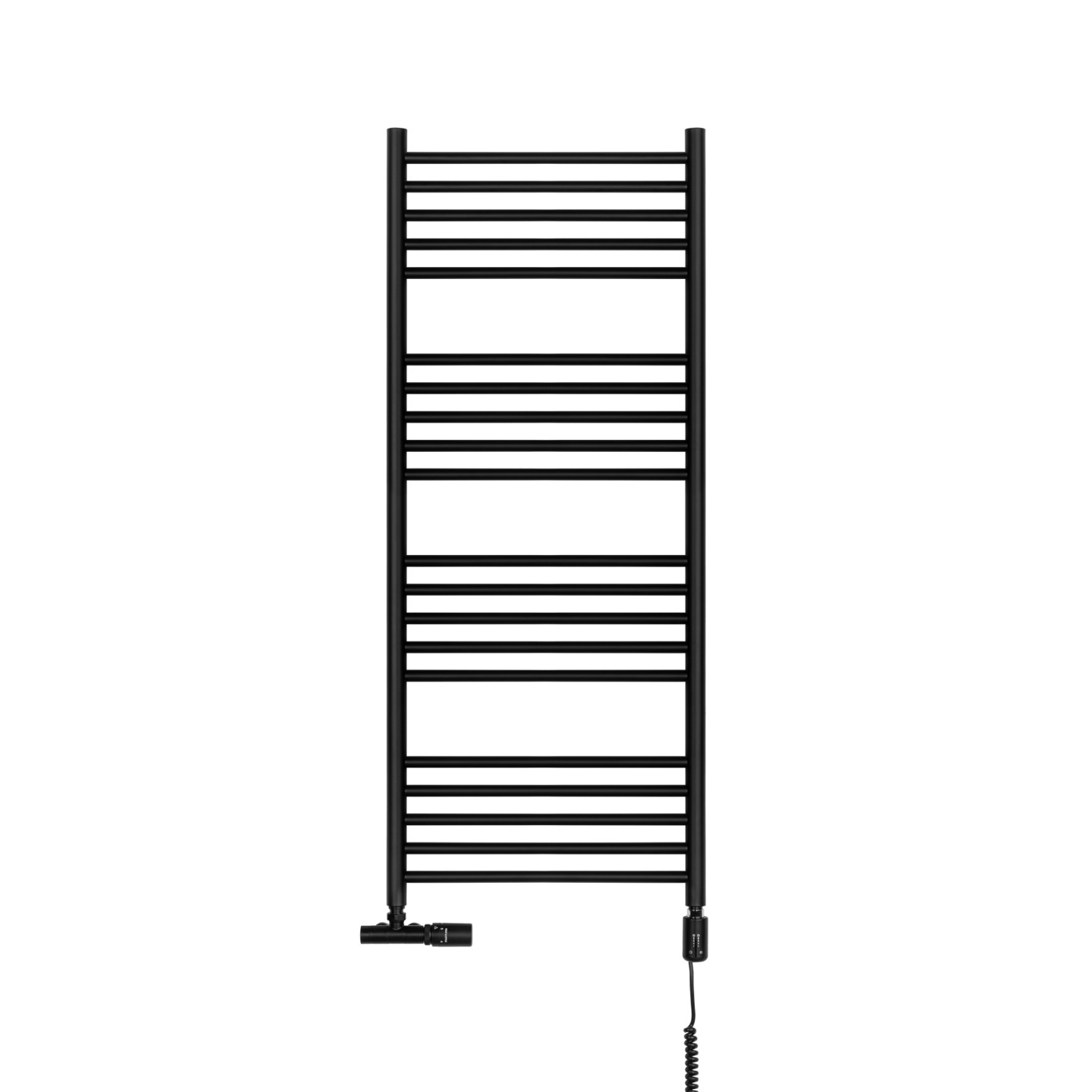 Grzejnik łazienkowy wodno-elektryczny Noemi 1215x500 czarny SINGLE PIPE VALVE + TANGO