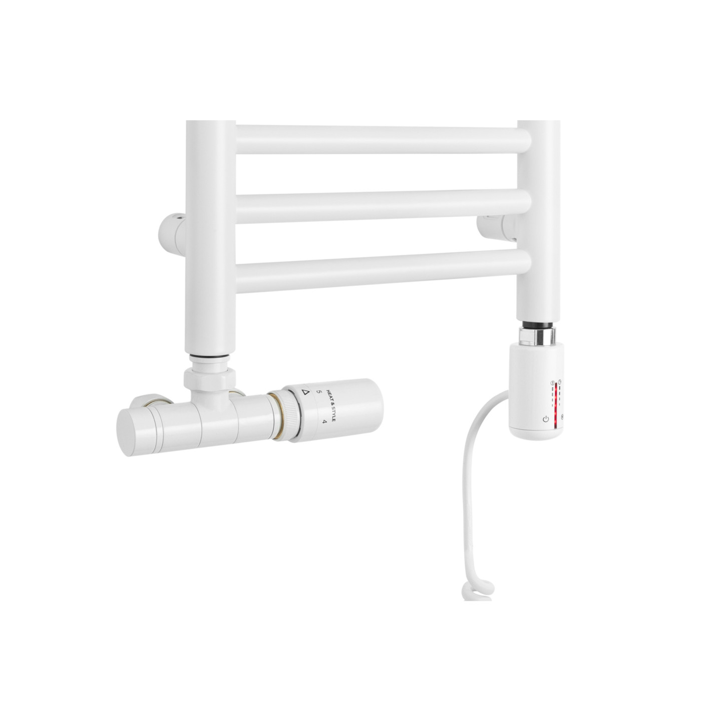 Grzejnik łazienkowy wodno-elektryczny Noemi 585x300 biały mat SINGLE PIPE VALVE + TANGO