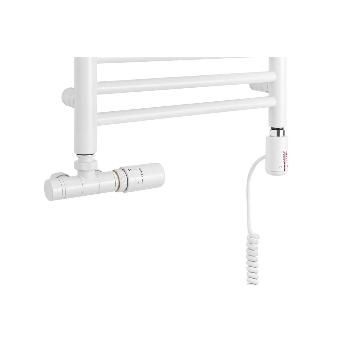 Grzejnik łazienkowy wodno-elektryczny Noemi 585x400 biały mat SINGLE PIPE VALVE + TANGO