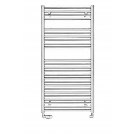 Grzejnik łazienkowy drabinkowy Constans 120x60cm chromowany z podłączeniem dolnym o rozstawie 550mm. Zamontowany zestaw chromowany zaworów Vario Term Vision w figurze osiowo-lewej.