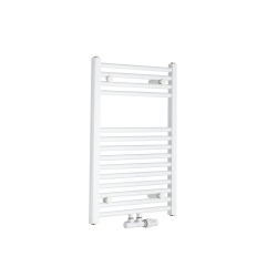 Grzejnik łazienkowy Constans w kolorze białym błyszczącym o wymiarach 70x50cm z podłączeniem dolnym środkowym o rozstawie 50mm. Zamontowany zawór zespolony Vario Term Twins biały w figurze kątowej prawej