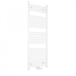 Grzejnik łazienkowy drabinkowy Constans 150x60cm biały z podłączeniem dolnym środkowym o rozstawie 50mm. Zamontowany zawór zespolony Multiflow w kolorze białym w figurze kątowej prawej.