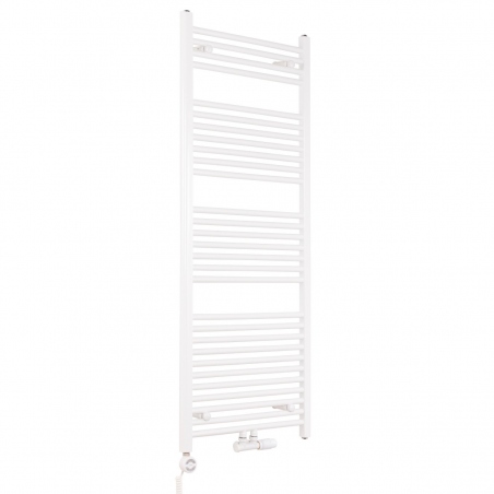 Grzejnik łazienkowy drabinkowy Constans 150x60cm biały z podłączeniem dolnym środkowym o rozstawie 50mm. wraz z zamontowanym zaworem zespolonym białym Multiflow w figurze kątowej prawej oraz z grzałką elektryczną Terma Moa białą o mocy 600W.