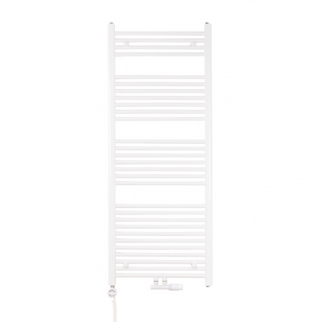 Grzejnik łazienkowy drabinkowy Constans 150x60cm biały z podłączeniem dolnym środkowym o rozstawie 50mm. wraz z zamontowanym zaworem zespolonym białym Multiflow w figurze kątowej prawej oraz z grzałką elektryczną Terma Moa białą o mocy 600W.
