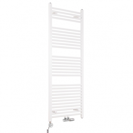 Grzejnik łazienkowy drabinkowy Constans 150x60cm biały z podłączeniem dolnym środkowym o rozstawie 50mm. wraz z zamontowanym zaworem zespolonym chromowanym Multiflow w figurze kątowej prawej oraz z grzałką elektryczną Terma Moa chromowaną, kabel spiralny szary.