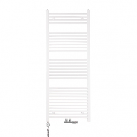 Grzejnik łazienkowy drabinkowy Constans 150x60cm biały z podłączeniem dolnym środkowym o rozstawie 50mm. wraz z zamontowanym zaworem zespolonym chromowanym Multiflow w figurze kątowej prawej oraz z grzałką elektryczną Terma Moa chromowaną, kabel spiralny szary.