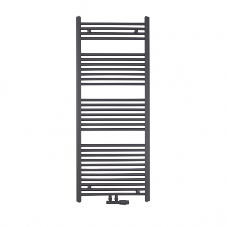 Grzejnik łazienkowy drabinkowy Constans 150x60cm grafit / antracyt z podłączeniem dolnym środkowym o rozstawie 50mm. Zamontowany zawór zespolony Multiflow antracyt w figurze kątowej prawej. Grzejnik łazienkowy drabinkowy Constans 150x60cm grafit / antracyt z podłączeniem dolnym środkowym o rozstawie 50mm. Zamontowany zawór zespolony Multiflow antracyt w figurze kątowej prawej.
