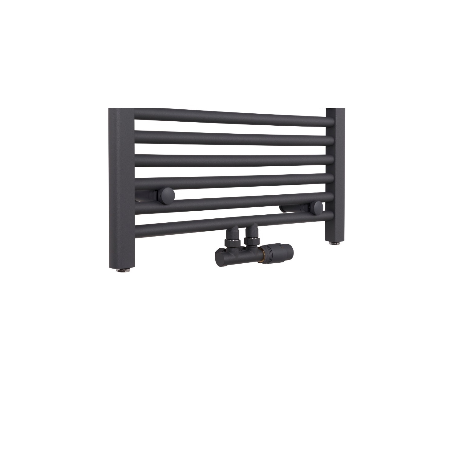 Grzejnik łazienkowy drabinkowy Constans o szerokości 60cm w kolorze antracytowym z podłączeniem dolnym środkowym wraz z zamontowanym zaworem zespolonym antracytowym Multiflow w figurze kątowej prawej Grzejnik łazienkowy drabinkowy Constans o szerokości 60cm w kolorze antracytowym z podłączeniem dolnym środkowym wraz z zamontowanym zaworem zespolonym antracytowym Multiflow w figurze kątowej prawej