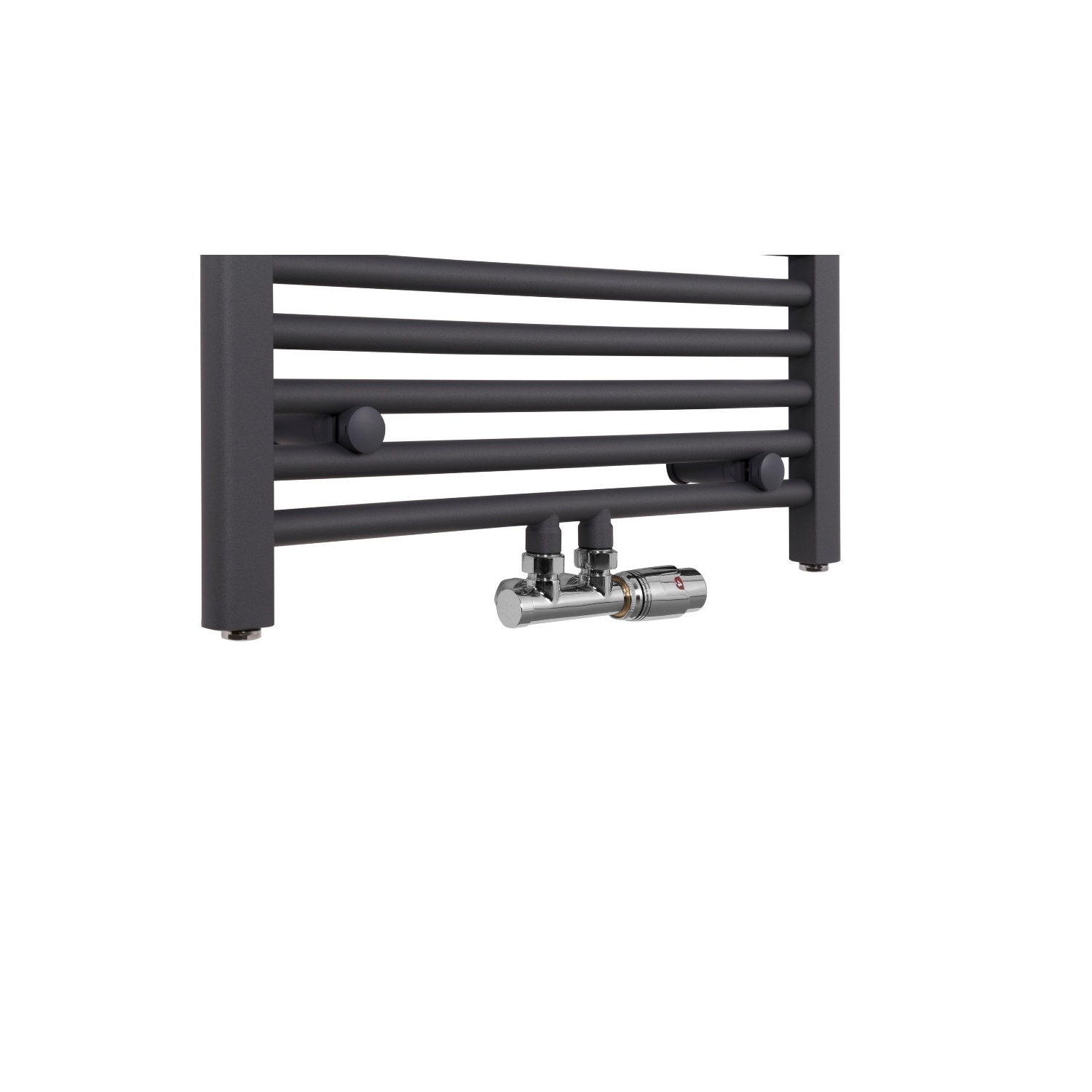 Grzejnik łazienkowy drabinkowy Constans o szerokości 60cm w kolorze antracytowym z podłączeniem dolnym środkowym wraz z zamontowanym zaworem zespolonym chromowanym Multiflow w figurze kątowej prawej Grzejnik łazienkowy drabinkowy Constans o szerokości 60cm w kolorze antracytowym z podłączeniem dolnym środkowym wraz z zamontowanym zaworem zespolonym chromowanym Multiflow w figurze kątowej prawej
