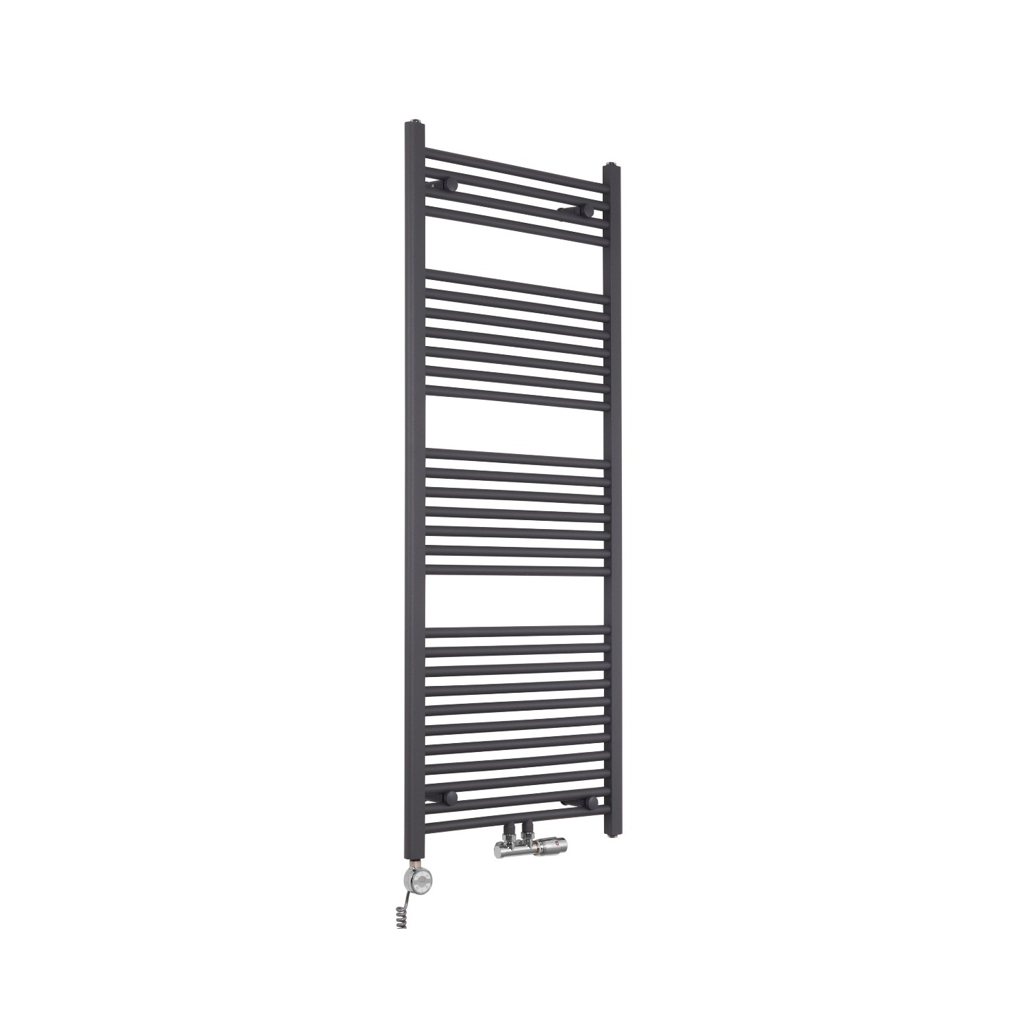 Grzejnik łazienkowy drabinkowy Constans 150x60cm grafit / antracyt w kolorze antracytowym z podłączeniem dolnym środkowym wraz z zamontowanym zaworem zespolonym chromowanym Multiflow w figurze kątowej prawej oraz z grzałką elektryczną Terma Moa chromowaną o mocy 600W Grzejnik łazienkowy drabinkowy Constans 150x60cm grafit / antracyt w kolorze antracytowym z podłączeniem dolnym środkowym wraz z zamontowanym zaworem zespolonym chromowanym Multiflow w figurze kątowej prawej oraz z grzałką elektryczną Terma Moa chromowaną o mocy 600W