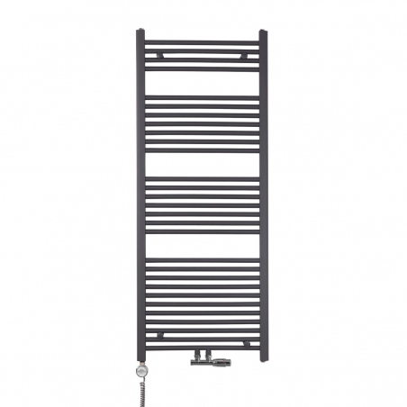 Grzejnik łazienkowy drabinkowy Constans 150x60cm grafit / antracyt w kolorze antracytowym z podłączeniem dolnym środkowym wraz z zamontowanym zaworem zespolonym chromowanym Multiflow w figurze kątowej prawej oraz z grzałką elektryczną Terma Moa chromowaną o mocy 600W Grzejnik łazienkowy drabinkowy Constans 150x60cm grafit / antracyt w kolorze antracytowym z podłączeniem dolnym środkowym wraz z zamontowanym zaworem zespolonym chromowanym Multiflow w figurze kątowej prawej oraz z grzałką elektryczną Terma Moa chromowaną o mocy 600W