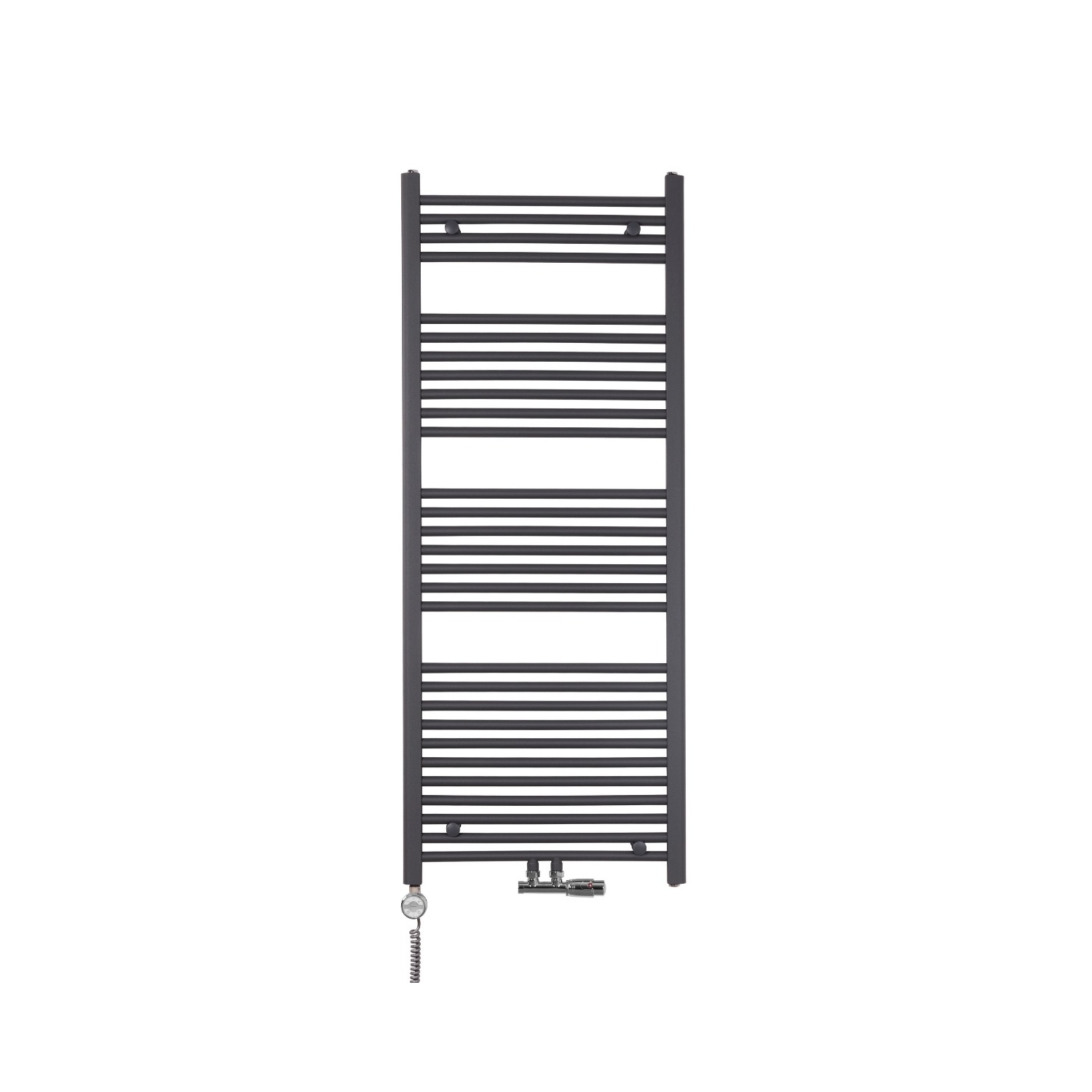 Grzejnik łazienkowy drabinkowy Constans 150x60cm grafit / antracyt w kolorze antracytowym z podłączeniem dolnym środkowym wraz z zamontowanym zaworem zespolonym chromowanym Multiflow w figurze kątowej prawej oraz z grzałką elektryczną Terma Moa chromowaną o mocy 600W Grzejnik łazienkowy drabinkowy Constans 150x60cm grafit / antracyt w kolorze antracytowym z podłączeniem dolnym środkowym wraz z zamontowanym zaworem zespolonym chromowanym Multiflow w figurze kątowej prawej oraz z grzałką elektryczną Terma Moa chromowaną o mocy 600W