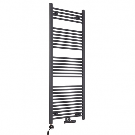 Grzejnik łazienkowy drabinkowy Constans 150x60cm grafit / antracyt  w kolorze antracytowym z podłączeniem dolnym środkowym wraz z zamontowanym zaworem zespolonym antracytowym Multiflow w figurze kątowej prawej oraz z grzałką elektryczną Terma Moa czarną o mocy 600W Grzejnik łazienkowy drabinkowy Constans 150x60cm grafit / antracyt  w kolorze antracytowym z podłączeniem dolnym środkowym wraz z zamontowanym zaworem zespolonym antracytowym Multiflow w figurze kątowej prawej oraz z grzałką elektryczną Terma Moa czarną o mocy 600W