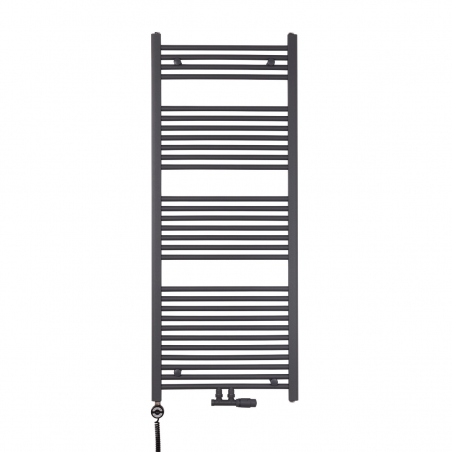 Grzejnik łazienkowy drabinkowy Constans 150x60cm grafit / antracyt  w kolorze antracytowym z podłączeniem dolnym środkowym wraz z zamontowanym zaworem zespolonym antracytowym Multiflow w figurze kątowej prawej oraz z grzałką elektryczną Terma Moa czarną o mocy 600W Grzejnik łazienkowy drabinkowy Constans 150x60cm grafit / antracyt  w kolorze antracytowym z podłączeniem dolnym środkowym wraz z zamontowanym zaworem zespolonym antracytowym Multiflow w figurze kątowej prawej oraz z grzałką elektryczną Terma Moa czarną o mocy 600W