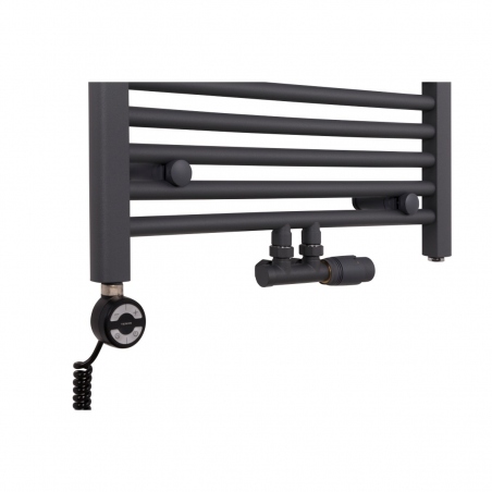 Grzejnik łazienkowy drabinkowy Constans o szerokości 60cm w kolorze antracytowym z podłączeniem dolnym środkowym wraz z zamontowanym zaworem zespolonym antracytowym Multiflow w figurze kątowej prawej oraz z grzałką elektryczną Terma Moa czarną Grzejnik łazienkowy drabinkowy Constans o szerokości 60cm w kolorze antracytowym z podłączeniem dolnym środkowym wraz z zamontowanym zaworem zespolonym antracytowym Multiflow w figurze kątowej prawej oraz z grzałką elektryczną Terma Moa czarną