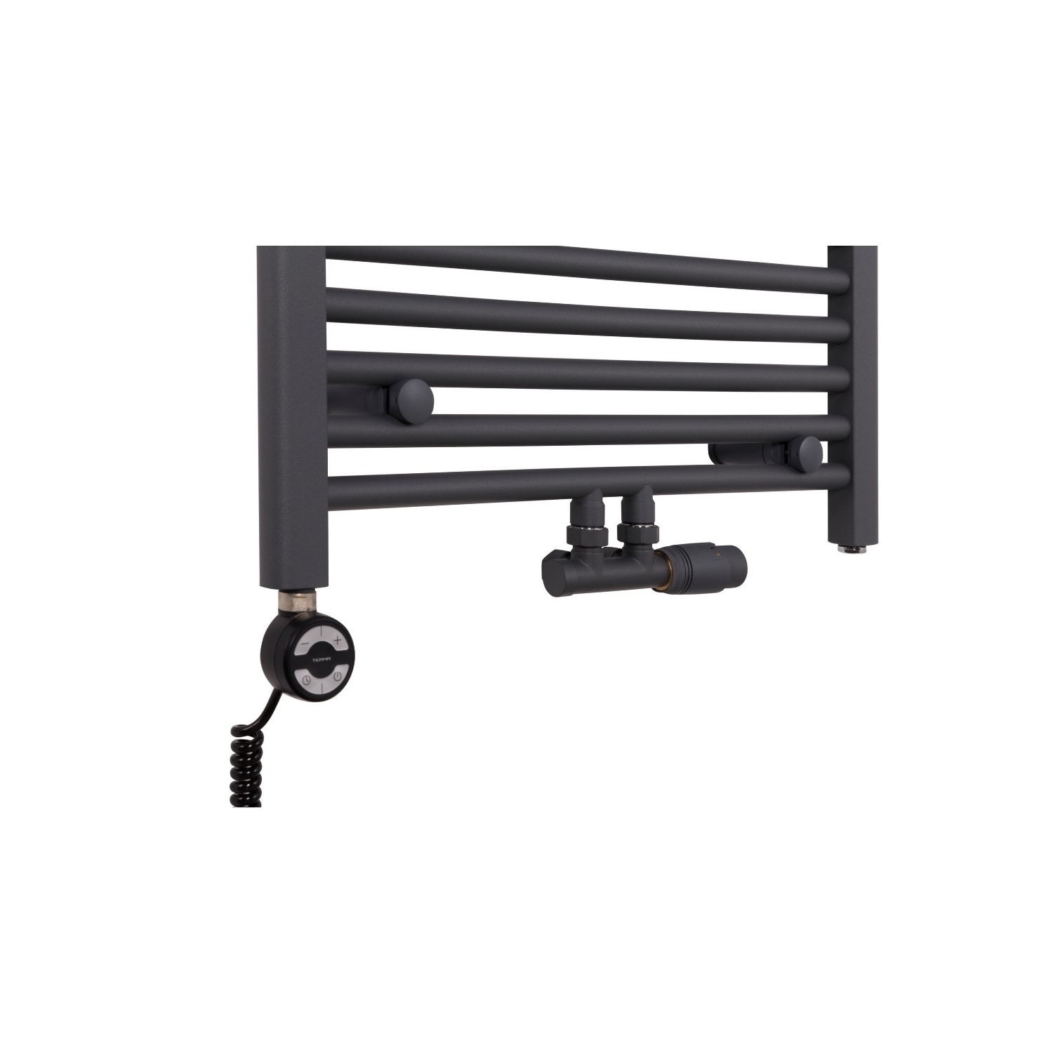Grzejnik łazienkowy drabinkowy Constans o szerokości 60cm w kolorze antracytowym z podłączeniem dolnym środkowym wraz z zamontowanym zaworem zespolonym antracytowym Multiflow w figurze kątowej prawej oraz z grzałką elektryczną Terma Moa czarną Grzejnik łazienkowy drabinkowy Constans o szerokości 60cm w kolorze antracytowym z podłączeniem dolnym środkowym wraz z zamontowanym zaworem zespolonym antracytowym Multiflow w figurze kątowej prawej oraz z grzałką elektryczną Terma Moa czarną