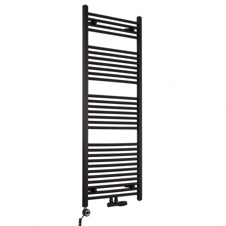 Grzejnik łazienkowy drabinkowy Constans 150x60cm czarny z podłączeniem dolnym środkowym o rozstawie 50mm wraz z zamontowanym zaworem zespolonym czarnym matowym Multiflow w figurze kątowej prawej oraz z grzałką elektryczną Terma Moa czarną Grzejnik łazienkowy drabinkowy Constans 150x60cm czarny z podłączeniem dolnym środkowym o rozstawie 50mm wraz z zamontowanym zaworem zespolonym czarnym matowym Multiflow w figurze kątowej prawej oraz z grzałką elektryczną Terma Moa czarną