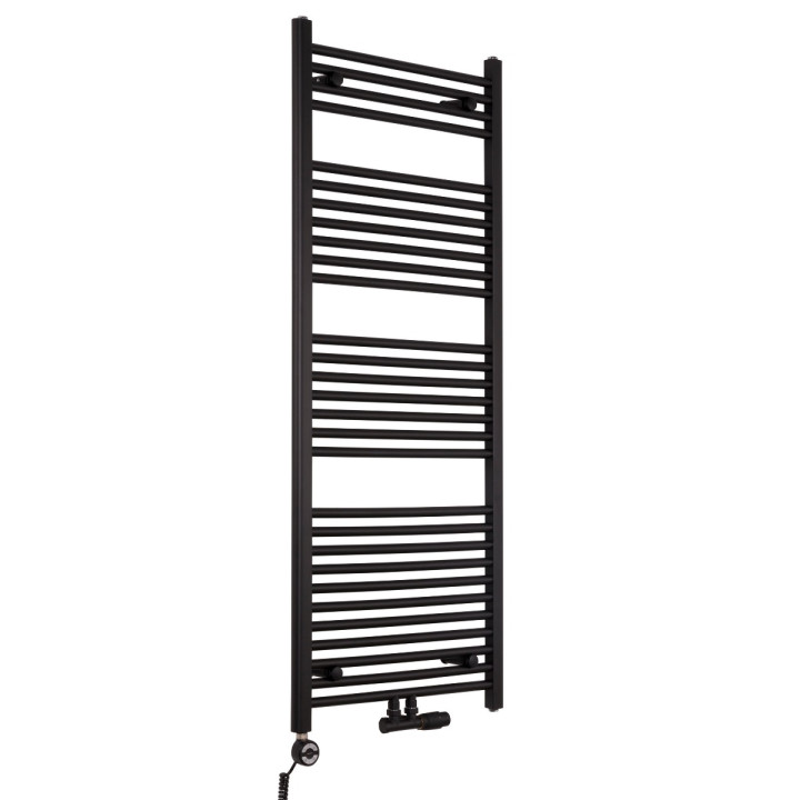 Grzejnik łazienkowy drabinkowy Constans 150x60cm czarny z podłączeniem dolnym środkowym o rozstawie 50mm wraz z zamontowanym zaw