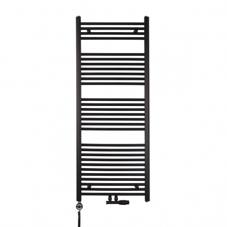 Grzejnik łazienkowy drabinkowy Constans 150x60cm czarny z podłączeniem dolnym środkowym o rozstawie 50mm wraz z zamontowanym zaworem zespolonym czarnym matowym Multiflow w figurze kątowej prawej oraz z grzałką elektryczną Terma Moa czarną Grzejnik łazienkowy drabinkowy Constans 150x60cm czarny z podłączeniem dolnym środkowym o rozstawie 50mm wraz z zamontowanym zaworem zespolonym czarnym matowym Multiflow w figurze kątowej prawej oraz z grzałką elektryczną Terma Moa czarną