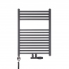 Nowoczesny grzejnik łazienkowy dekoracyjny Essence o wymiarach 70x50cm w kolorze antracytowym / grafit struktura z podłączeniem dolnym środkowym o rozstawie 50mm oraz z zamontowanym zaworem zespolonym Multiflow antracyt, figura kątowa prawa. Dodatkowo z lewej strony czarna grzałka elektryczna Terma Moa 300W.
