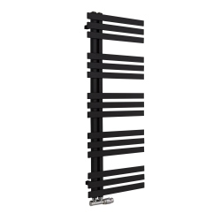 Grzejnik dekoracyjny łazienkowy Elche w kolorze czarnym z zaworem zespolonym typu duoplex Multiflow chromowanym, figura kątowa prawa