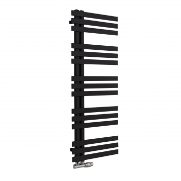 Grzejnik dekoracyjny łazienkowy Elche w kolorze czarnym z zaworem zespolonym typu duoplex Multiflow chromowanym, figura kątowa prawa