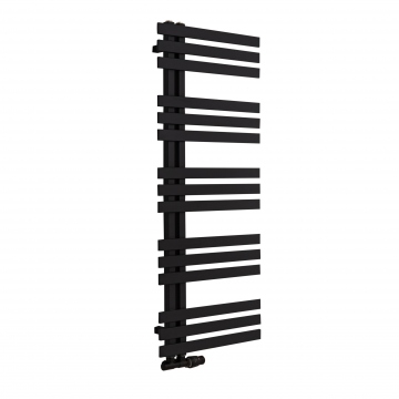 Grzejnik łazienkowy Elche 145x50cm czarny z zaworem zespolonym Twins czarny figura kątowa prawa